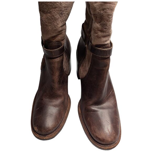 Matisse Brown Leather Beige Suede Shearling Lined Block Heel Tall Boots 9.5 - Picture 2 of 8